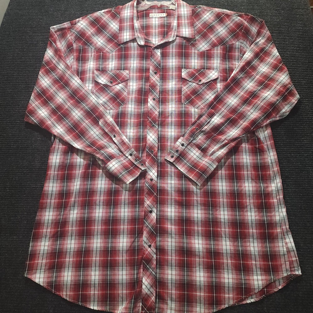 Roper Mens 5XLT Red Plaid Western Pearl Snap Long Sleeve Shirt Tall
